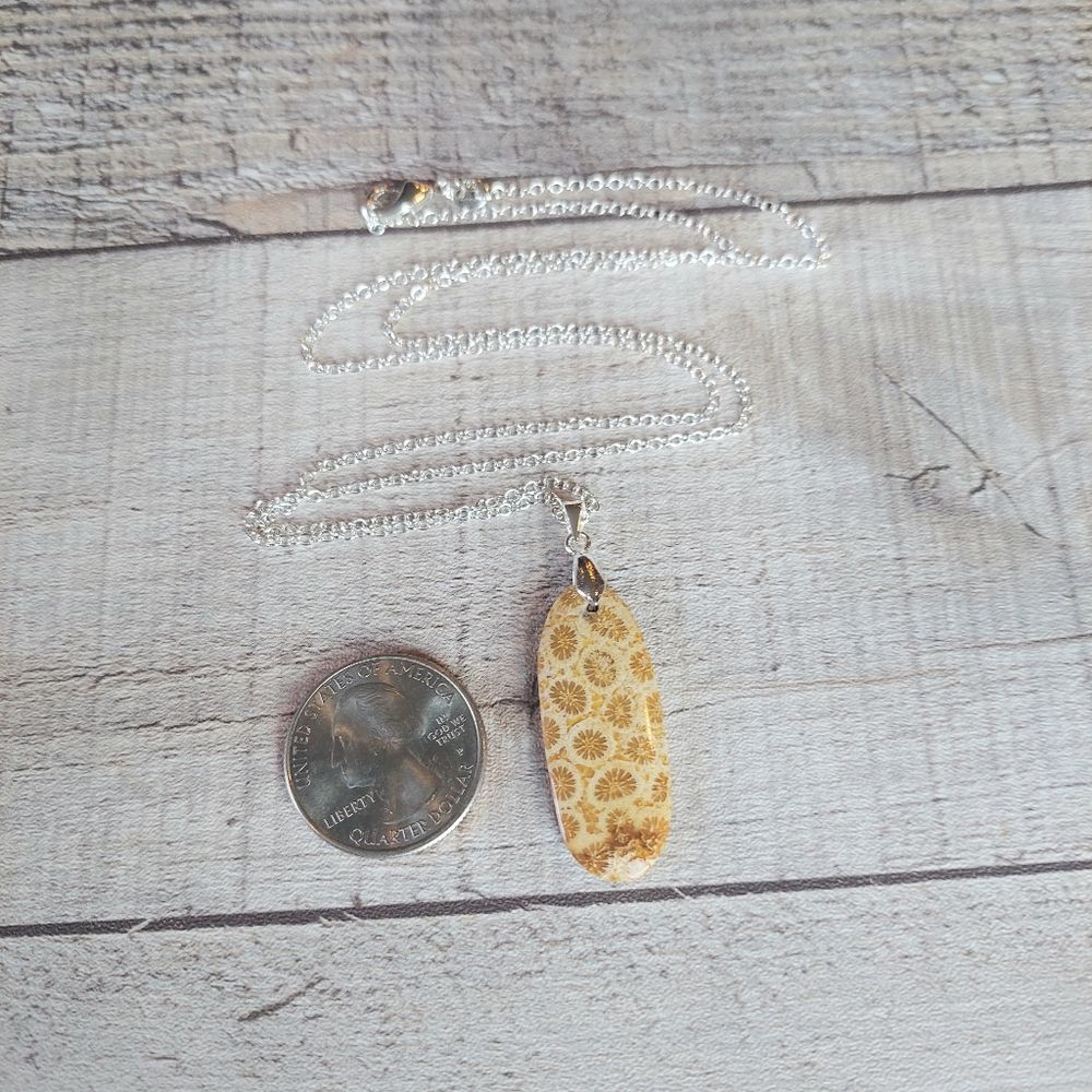 Yellow Coral Necklace Natural Fossil Pendant Oval - Picture 5 of 5